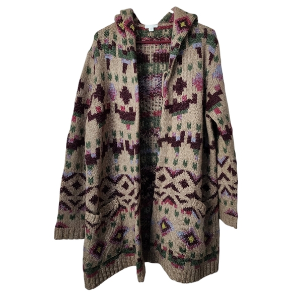 J.JILL Aztec Lenox Hooded 2 pocket knit Cardigan Topper Sweater Jacket M - Picture 1 of 9